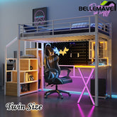 Bellemave® Metal Loft Bed with Built - in Work Station, Wardrobe, Storage Staircase and LED - Bellemave